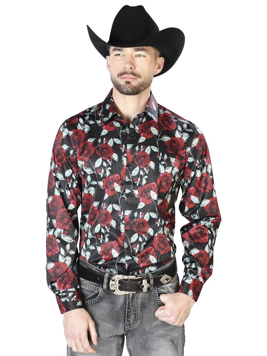 El General - Casual Long Sleeve Shirt - Black With Red Roses 43667 - OriginalWestern.com