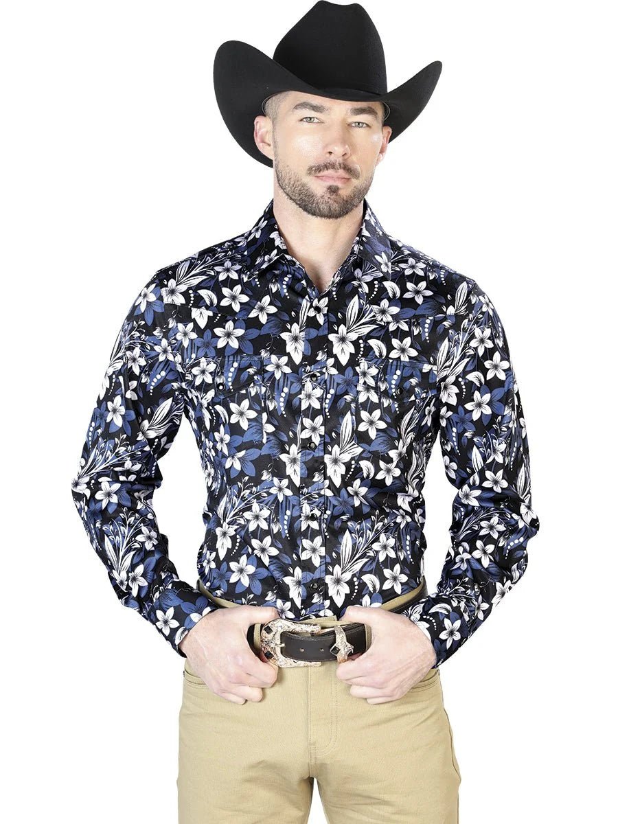 El General - Casual Long Sleeve Shirt- Blue Flower 43954 - OriginalWestern.com