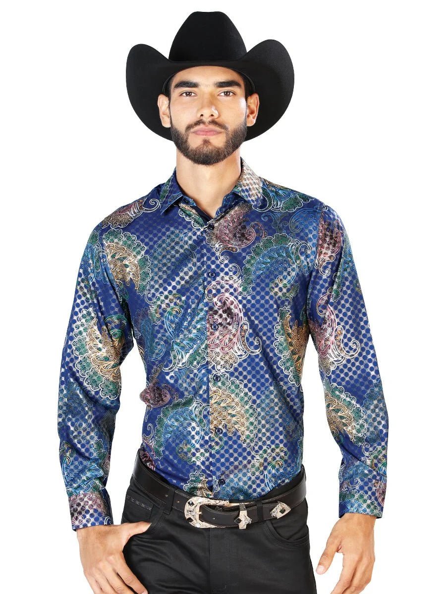 El General - Casual Long Sleeve Shirt- Blue Print 43873 - OriginalWestern.com