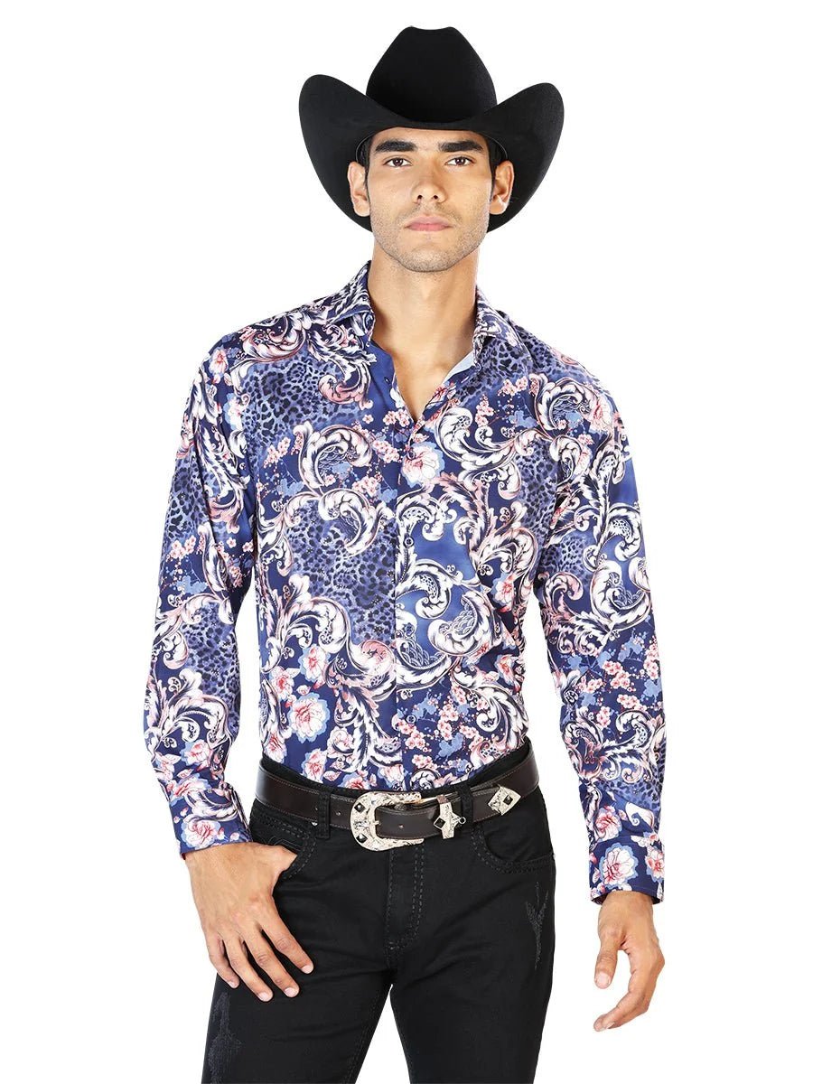 El General - Casual Long Sleeve Shirt -Navy Blue 43577 - OriginalWestern.com
