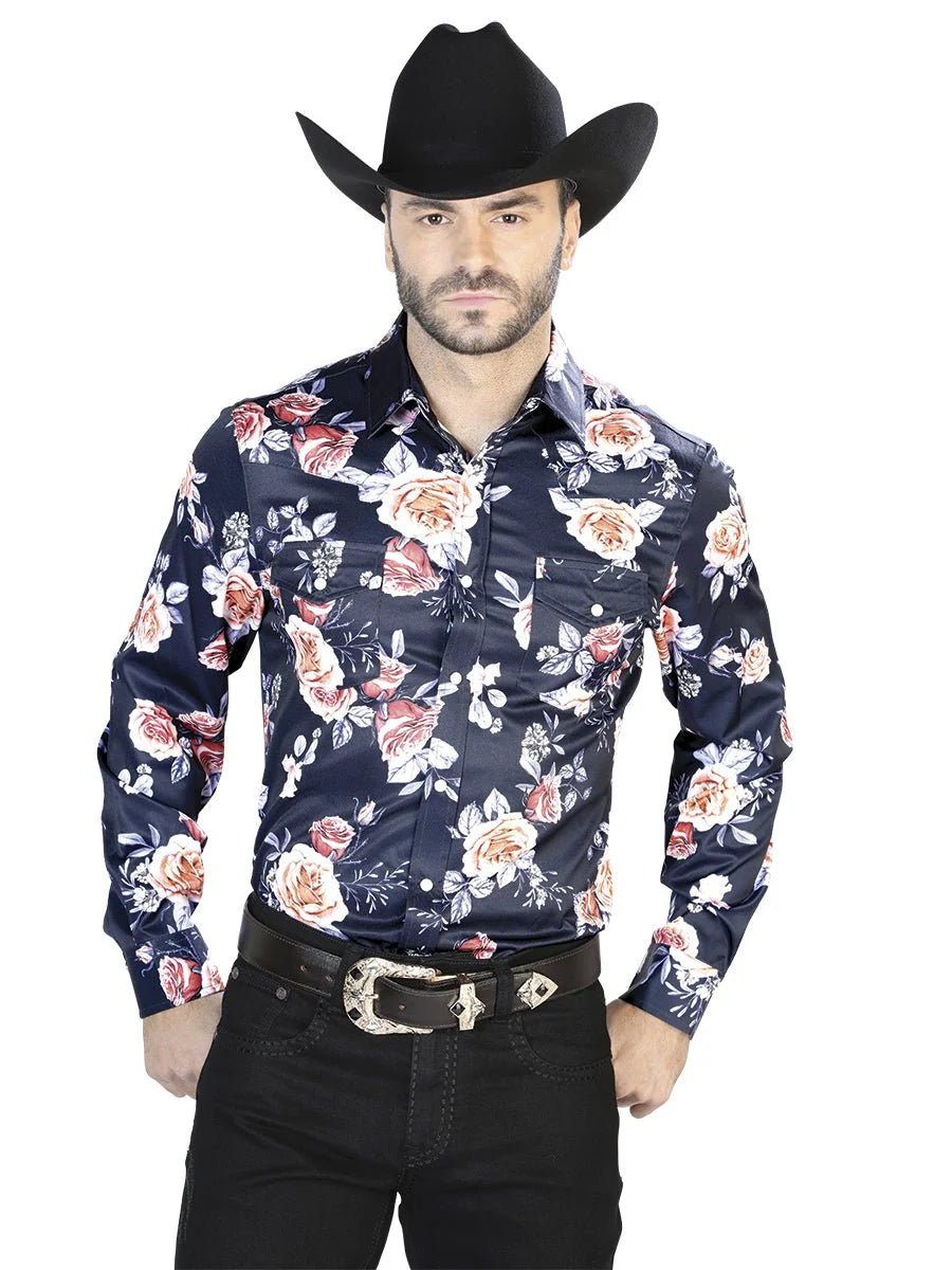 El General -Casual Long Sleeve Shirt - Navy/Roses 44089 - OriginalWestern.com