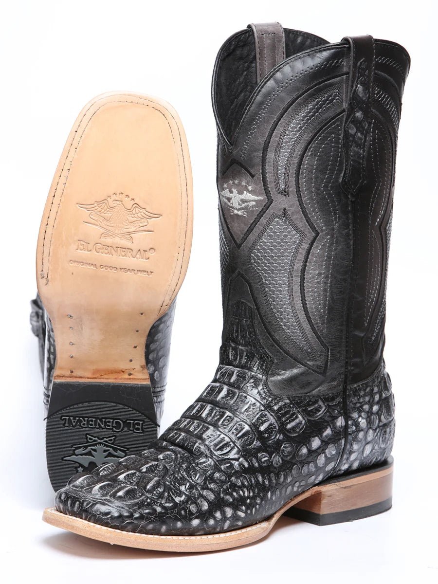 El General Hornback Caiman Print Square Toe Cowboy Boots 45928 - Rustic Gray - OriginalWestern.com