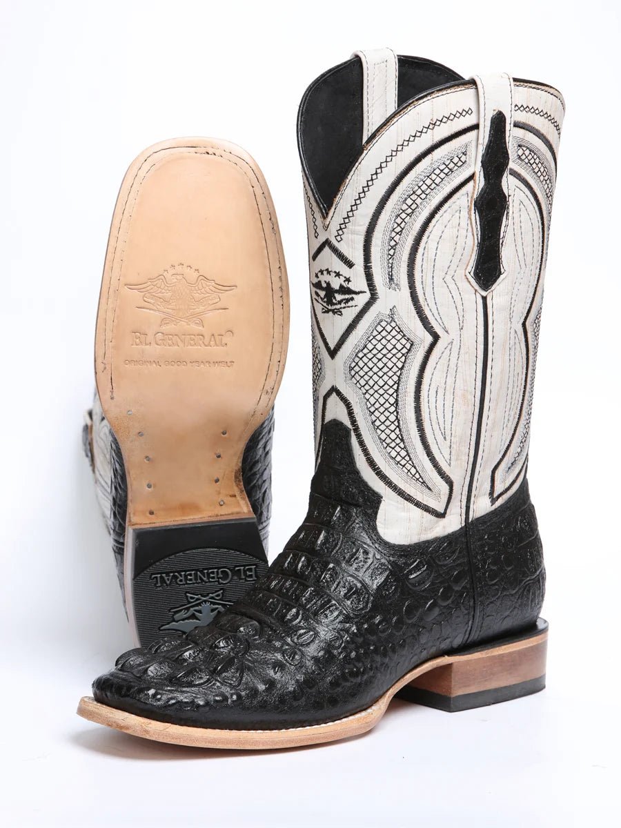 El General Hornback Caiman Print Square Toe Cowboy Boots 45929 - Black - OriginalWestern.com