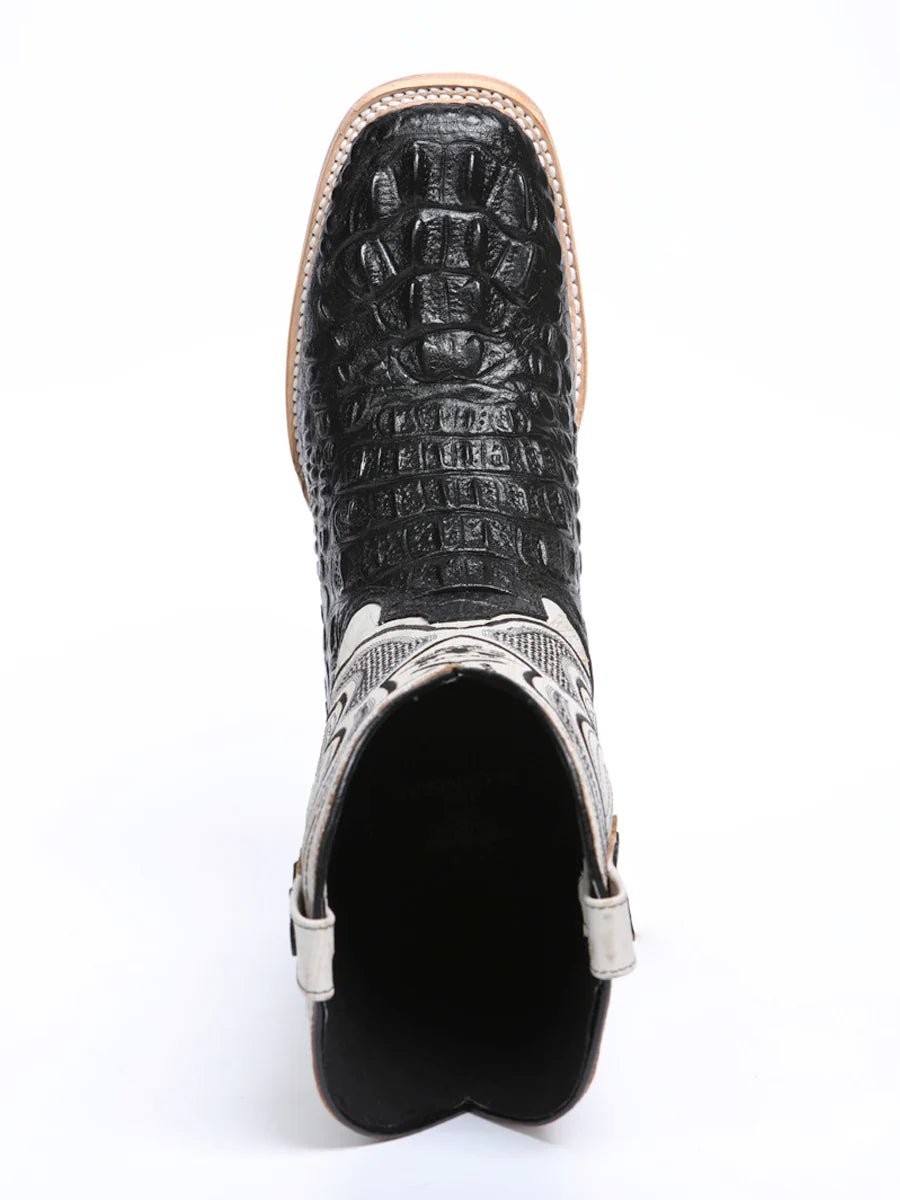 El General Hornback Caiman Print Square Toe Cowboy Boots 45929 - Black - OriginalWestern.com