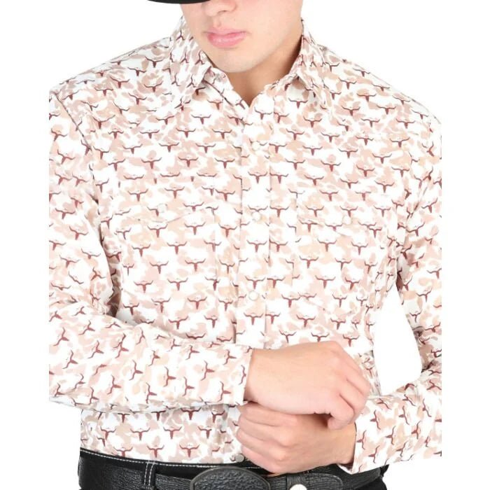 El General - Men's Beige Western Shirt with Longhorn Print 44303 - OriginalWestern.com