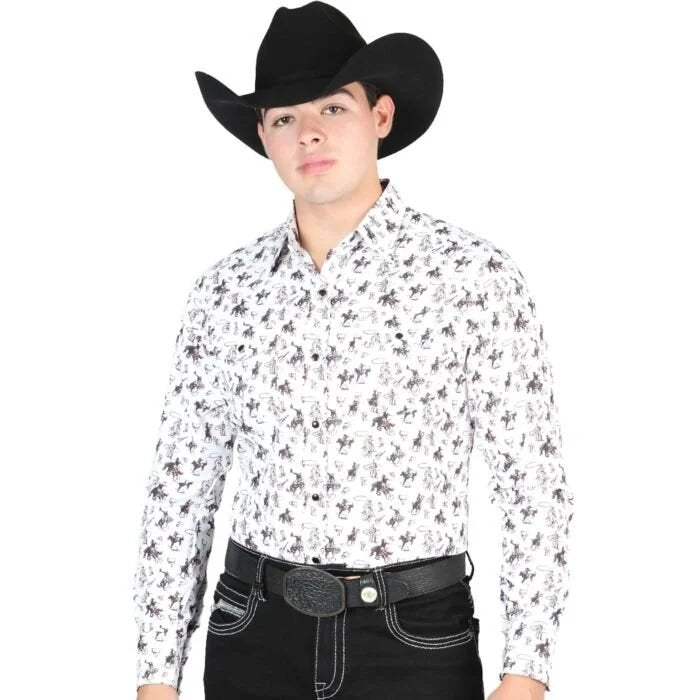 El General - Men's Beige Western Shirt with Rodeo Cowboy Design 44327 - OriginalWestern.com