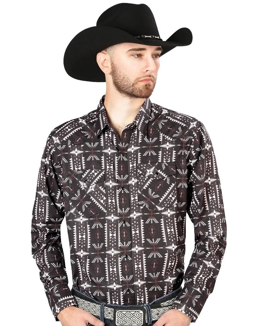 El General - Men's Black Western Shirt with Geometric Southwestern Print 44220 - OriginalWestern.com