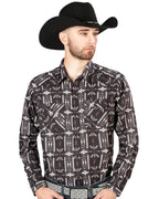 El General - Men's Black Western Shirt with Geometric Southwestern Print 44220 - OriginalWestern.com