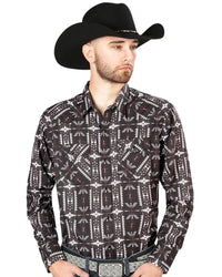 El General - Men's Black Western Shirt with Geometric Southwestern Print 44220 - OriginalWestern.com