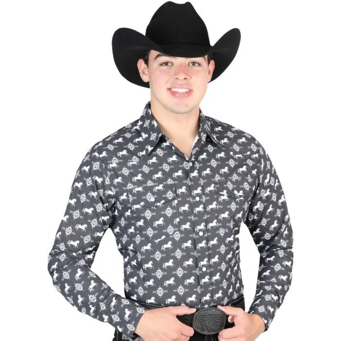 El General - Men's Black Western Shirt with Horse and Southwestern Pattern 44320 - OriginalWestern.com