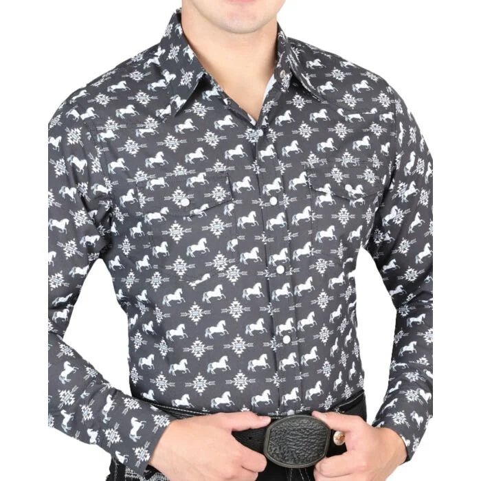 El General - Men's Black Western Shirt with Horse and Southwestern Pattern 44320 - OriginalWestern.com