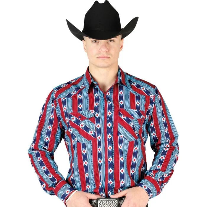 El General - Men's Blue and Red Western Shirt with Striped Pattern 44212 - OriginalWestern.com