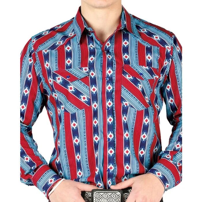 El General - Men's Blue and Red Western Shirt with Striped Pattern 44212 - OriginalWestern.com