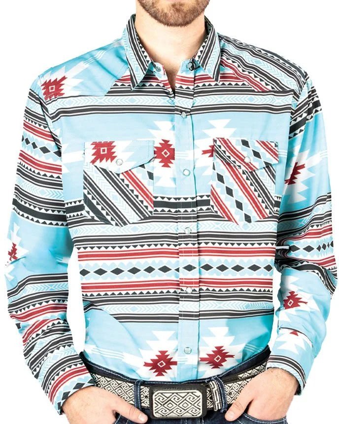 El General - Men's Blue Western Shirt with Bold Southwestern Print 44207 - OriginalWestern.com