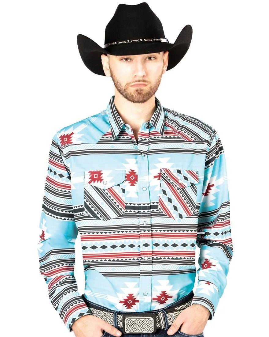 El General - Men's Blue Western Shirt with Bold Southwestern Print 44207 - OriginalWestern.com