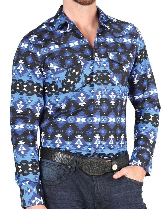 El General - Men's Blue Western Shirt with Tribal Geometric Print 44398 - OriginalWestern.com