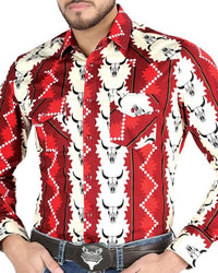 El General - Men's Burgundy Western Shirt with Cow Skull Print 44490 - OriginalWestern.com