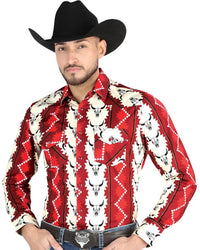 El General - Men's Burgundy Western Shirt with Cow Skull Print 44490 - OriginalWestern.com