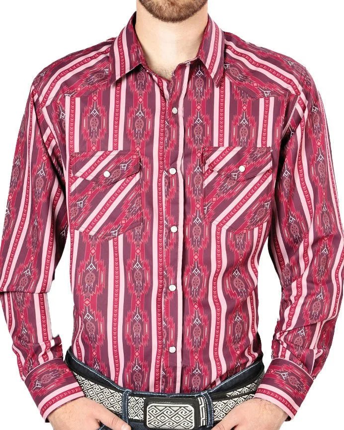 El General - Men's Burgundy Western Shirt with Striped Southwestern Pattern 44221 - OriginalWestern.com