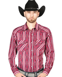 El General - Men's Burgundy Western Shirt with Striped Southwestern Pattern 44221 - OriginalWestern.com
