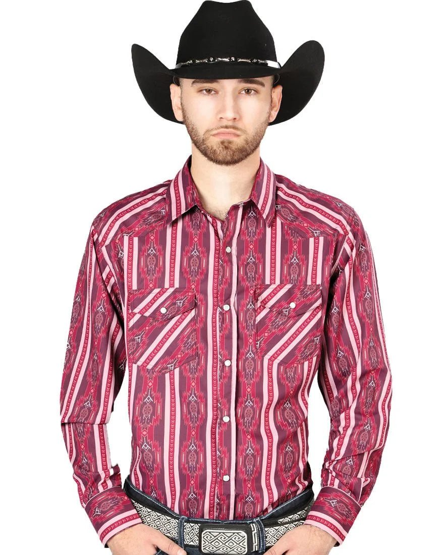 El General - Men's Burgundy Western Shirt with Striped Southwestern Pattern 44221 - OriginalWestern.com