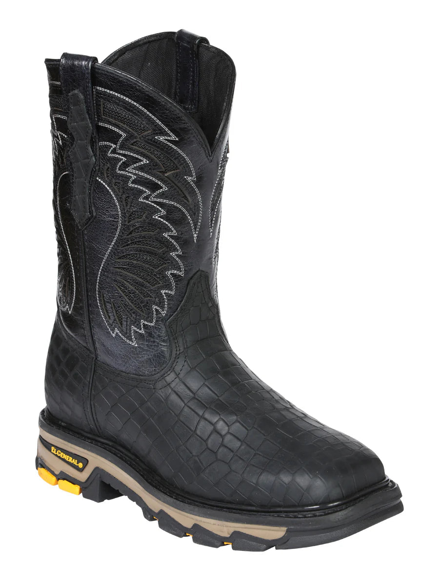 El General Men's Caiman Print Square Toe Soft Toe Work Boots – Black - OriginalWestern.com