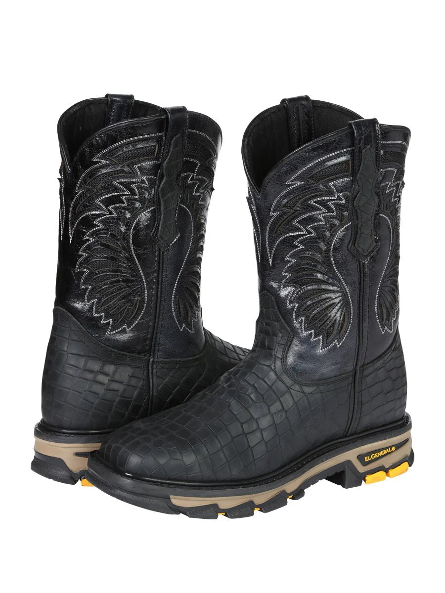 El General Men's Caiman Print Square Toe Soft Toe Work Boots – Black - OriginalWestern.com