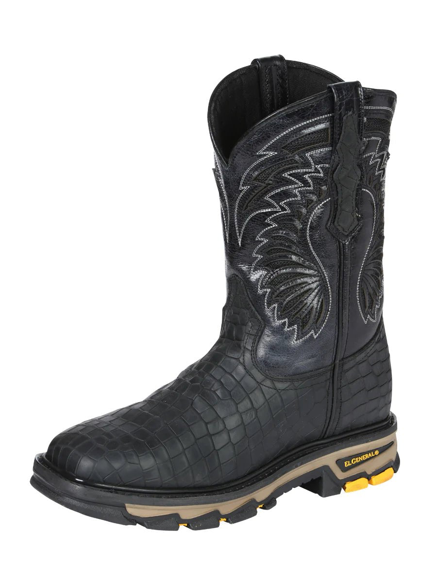 El General Men's Caiman Print Square Toe Soft Toe Work Boots – Black - OriginalWestern.com