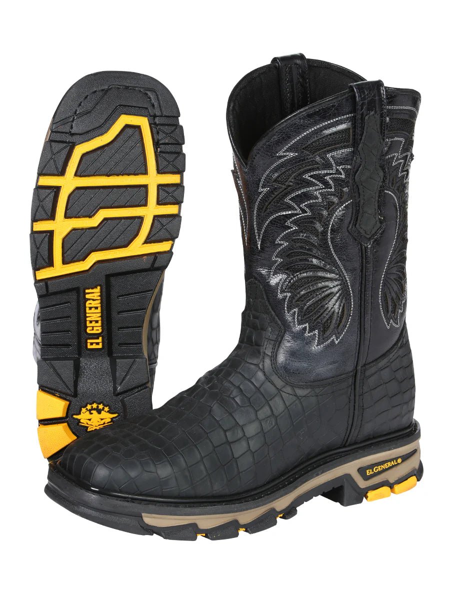 El General Men's Caiman Print Square Toe Soft Toe Work Boots – Black - OriginalWestern.com