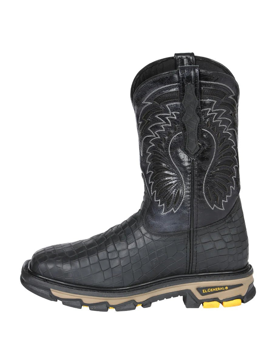 El General Men's Caiman Print Square Toe Soft Toe Work Boots – Black - OriginalWestern.com