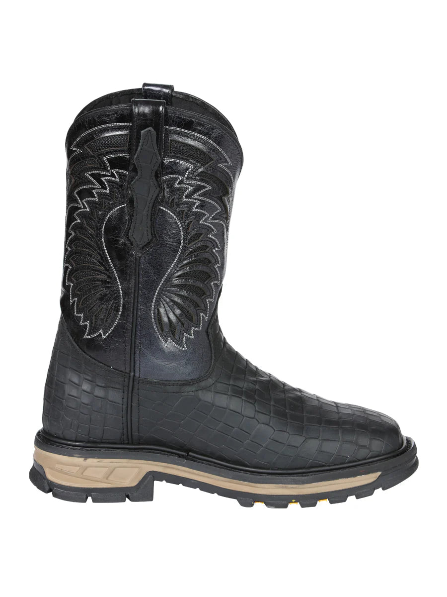 El General Men's Caiman Print Square Toe Soft Toe Work Boots – Black - OriginalWestern.com