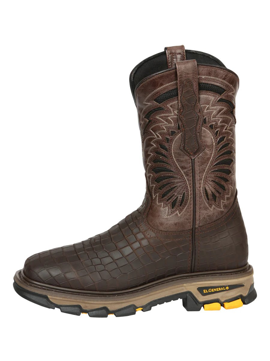 El General Men's Caiman Print Square Toe Soft Toe Work Boots – Brown - OriginalWestern.com