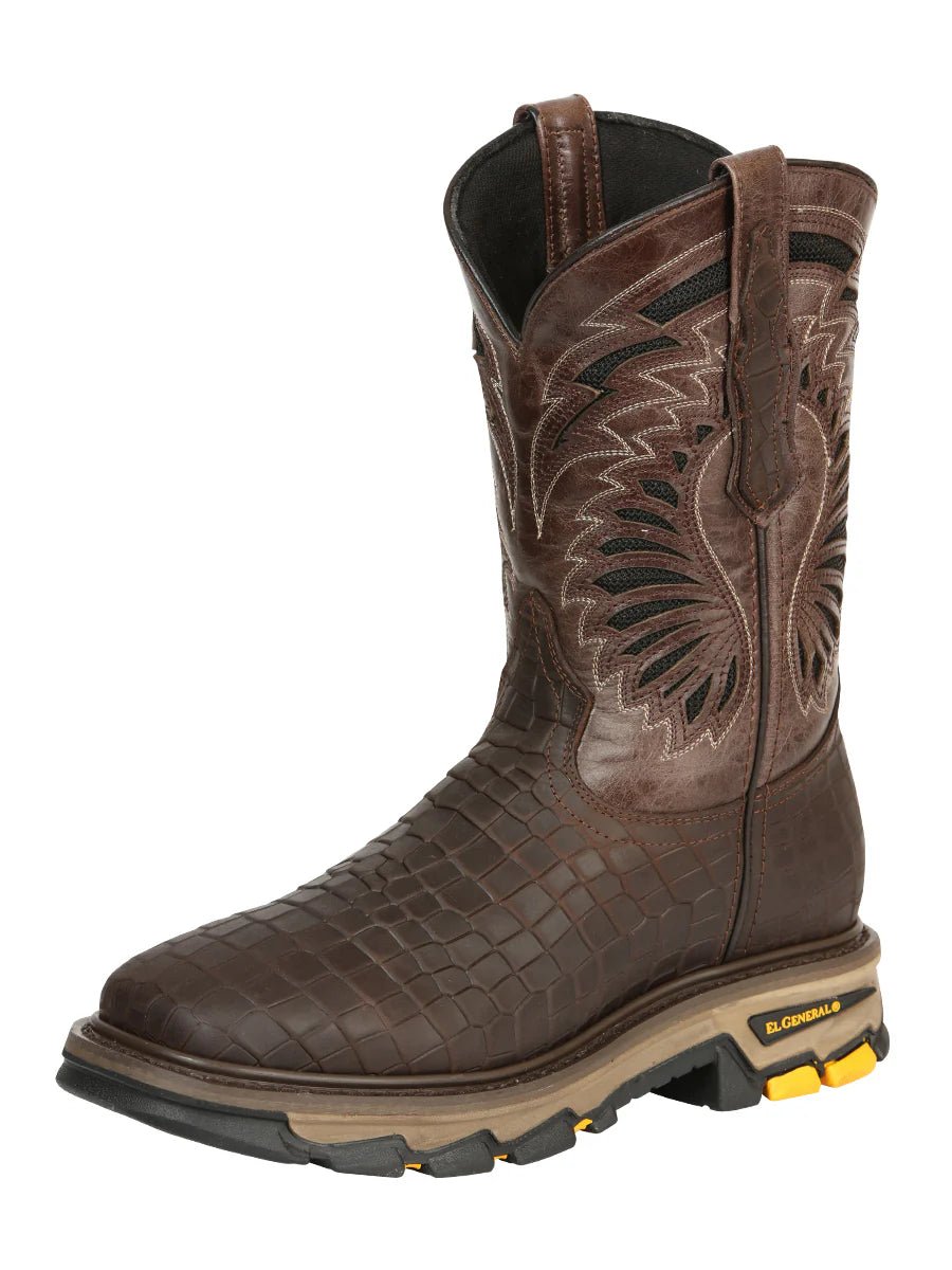El General Men's Caiman Print Square Toe Soft Toe Work Boots – Brown - OriginalWestern.com