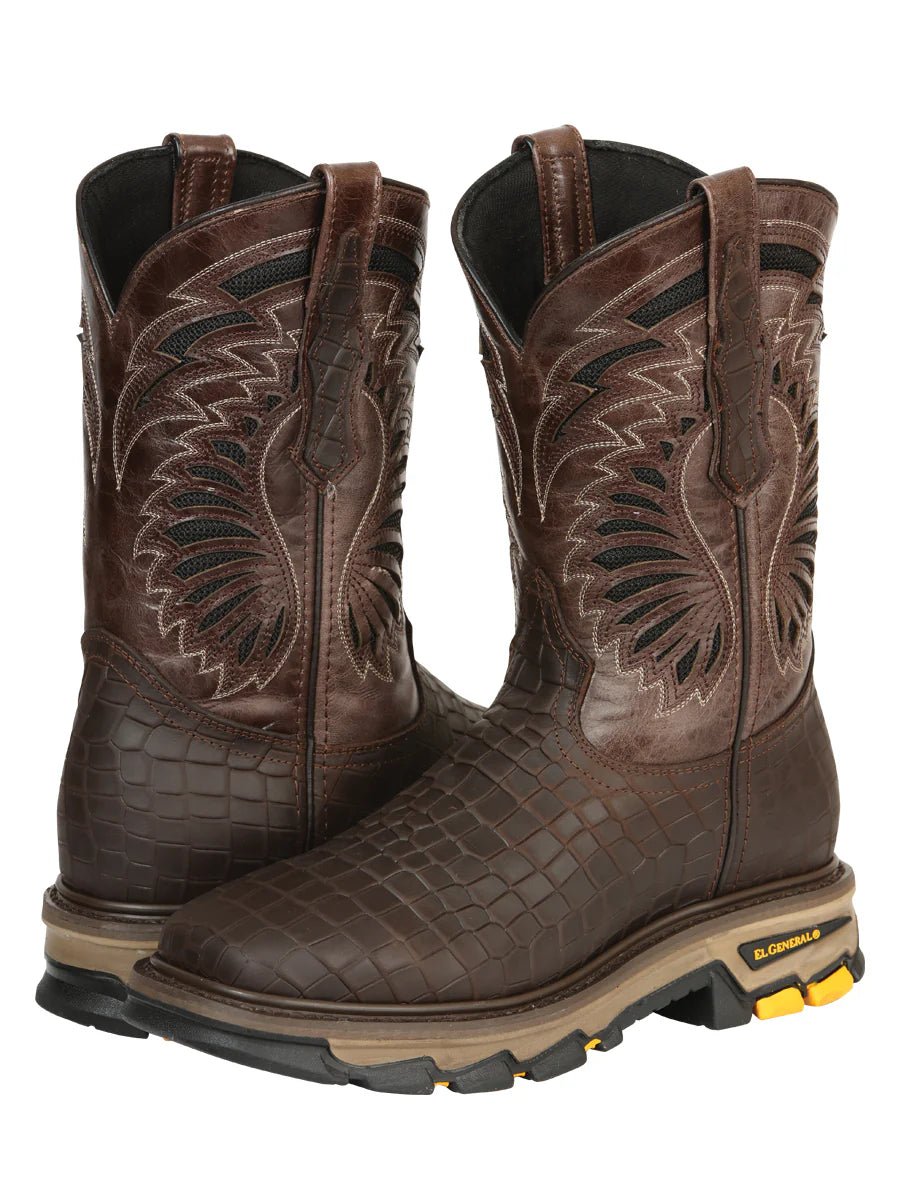 El General Men's Caiman Print Square Toe Soft Toe Work Boots – Brown - OriginalWestern.com