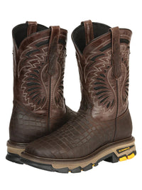 El General Men's Caiman Print Square Toe Soft Toe Work Boots – Brown - OriginalWestern.com