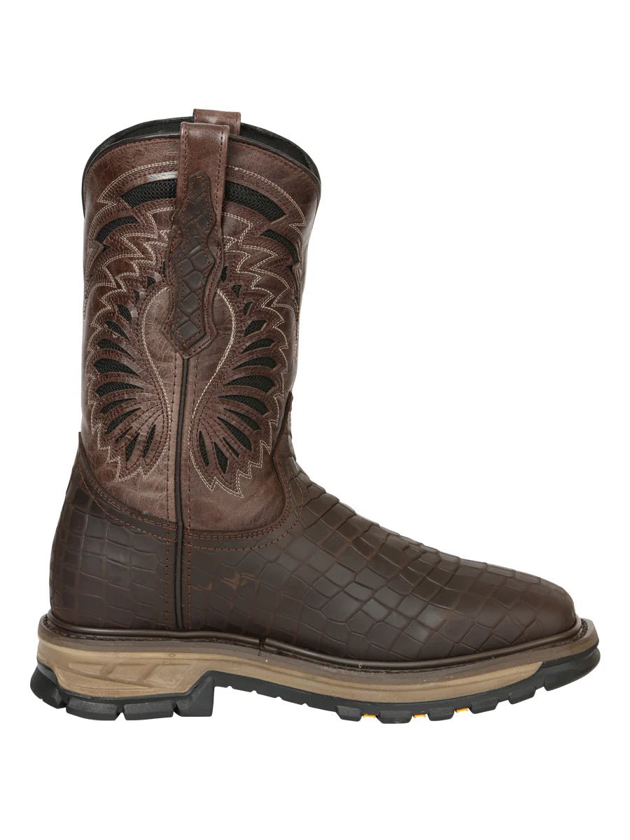 El General Men's Caiman Print Square Toe Soft Toe Work Boots – Brown - OriginalWestern.com