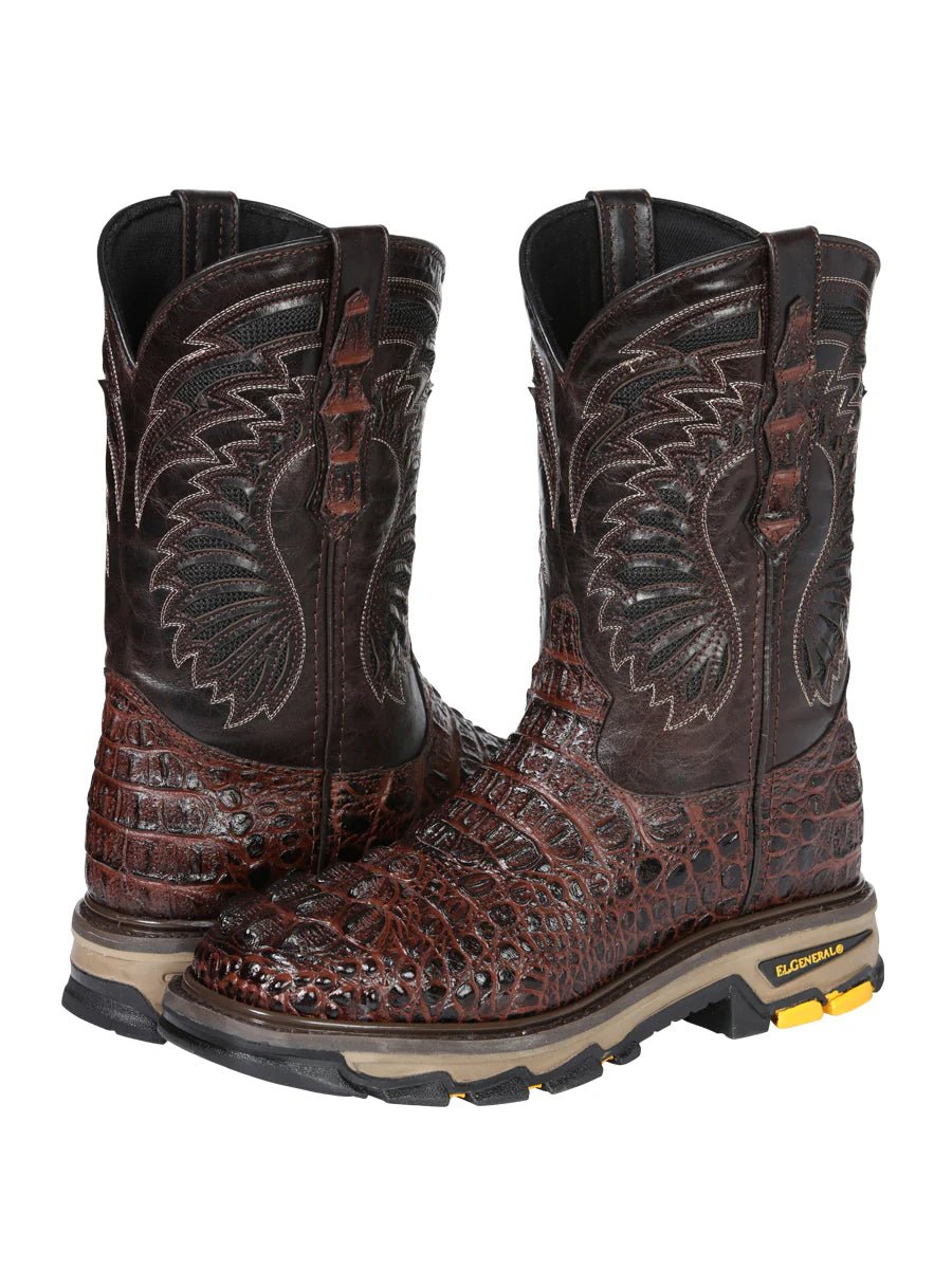 El General Men's Caiman Print Square Toe Soft Toe Work Boots – Brown - OriginalWestern.com