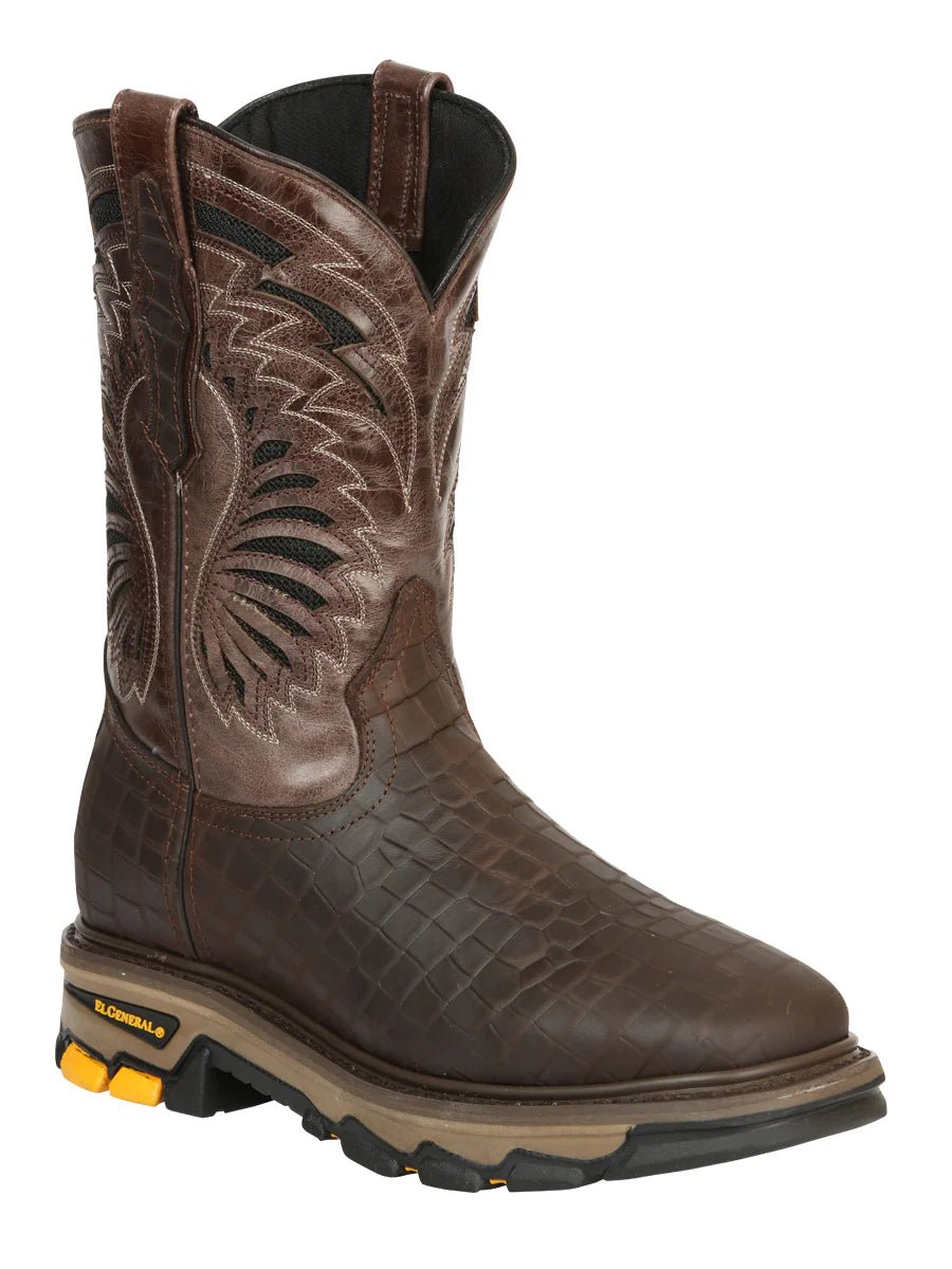 El General Men's Caiman Print Square Toe Soft Toe Work Boots – Brown - OriginalWestern.com