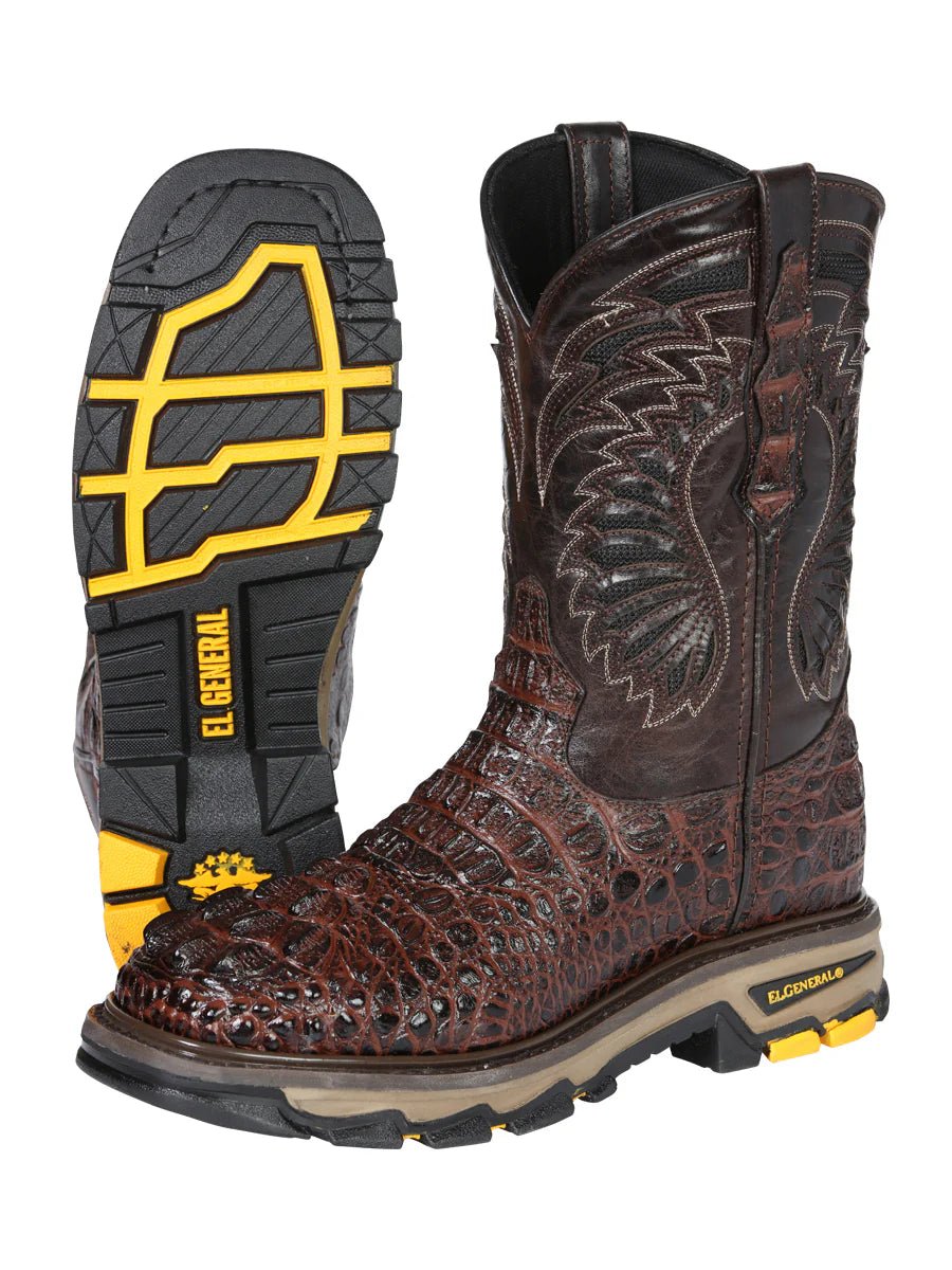 El General Men's Caiman Print Square Toe Soft Toe Work Boots – Brown - OriginalWestern.com