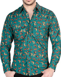 El General - Men's Dark Green Western Shirt with Cowboy Boot Print 44319 - OriginalWestern.com