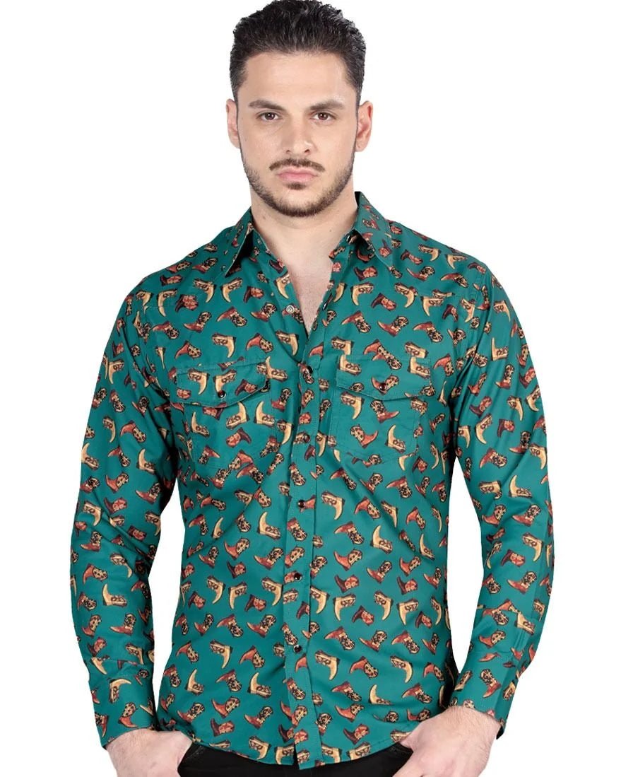 El General - Men's Dark Green Western Shirt with Cowboy Boot Print 44319 - OriginalWestern.com