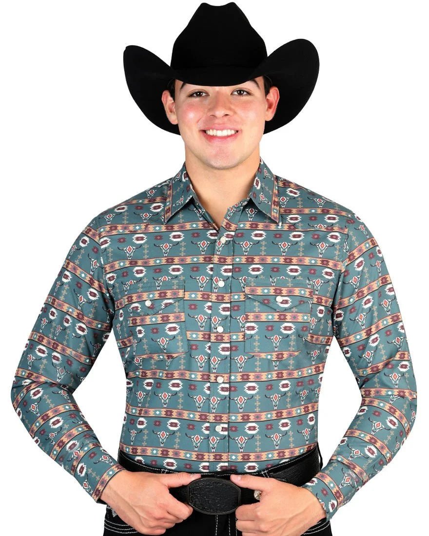 El General - Men's Dark Green Western Shirt with Southwestern Design 44310 - OriginalWestern.com