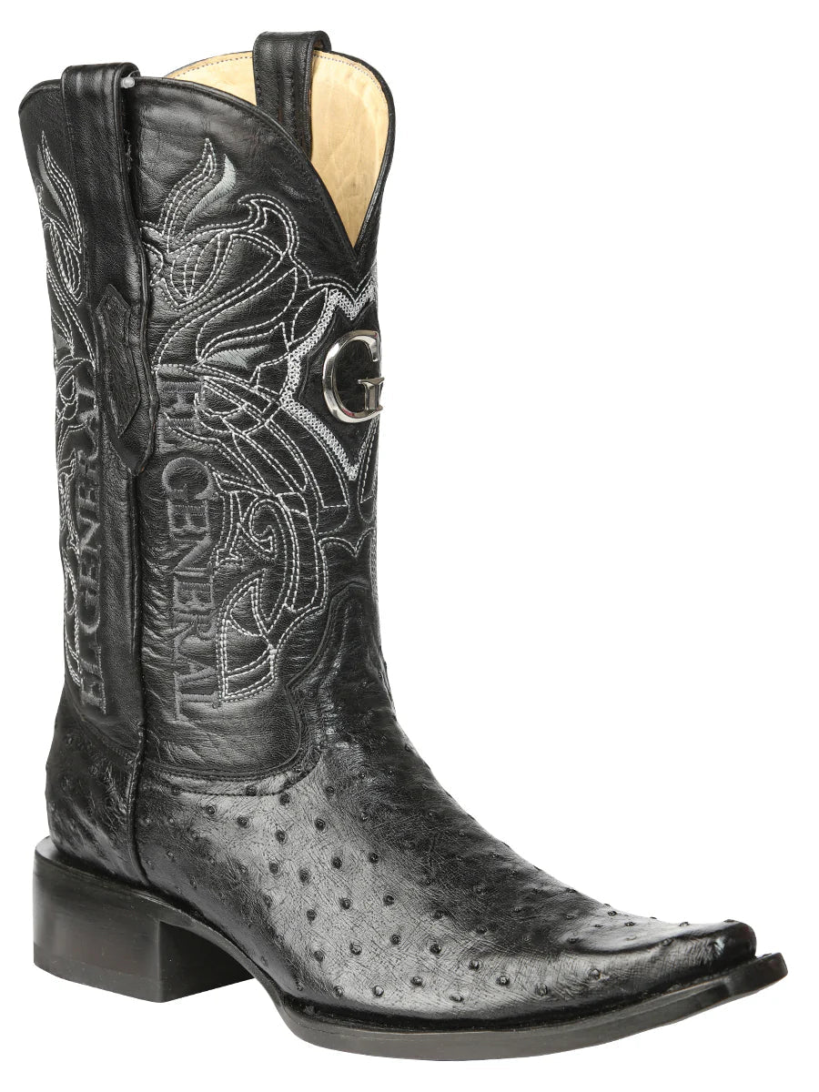 El General Men's Exotic Ostrich Leather Cowboy Boots–Black 45075 - OriginalWestern.com