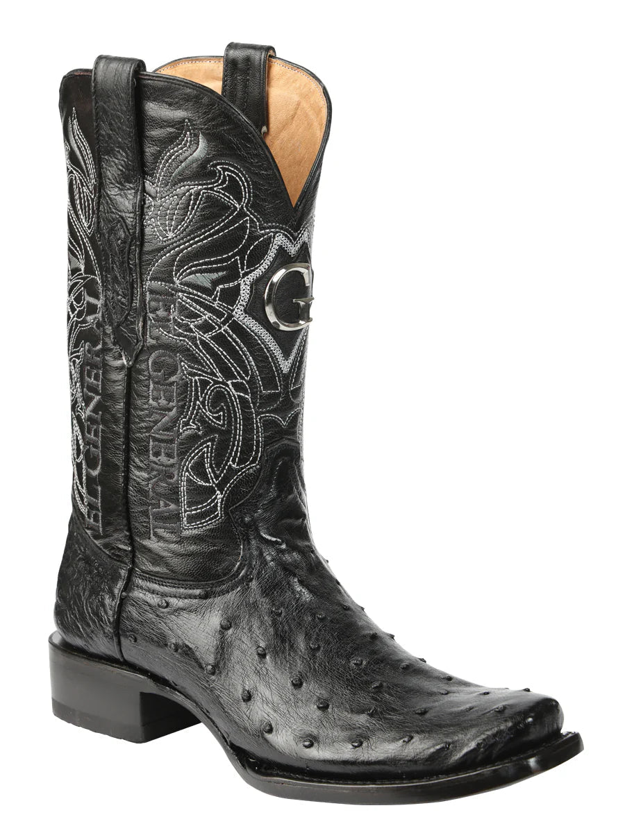 El General Men's Exotic Ostrich Leather Cowboy Boots–Black 45515 - OriginalWestern.com