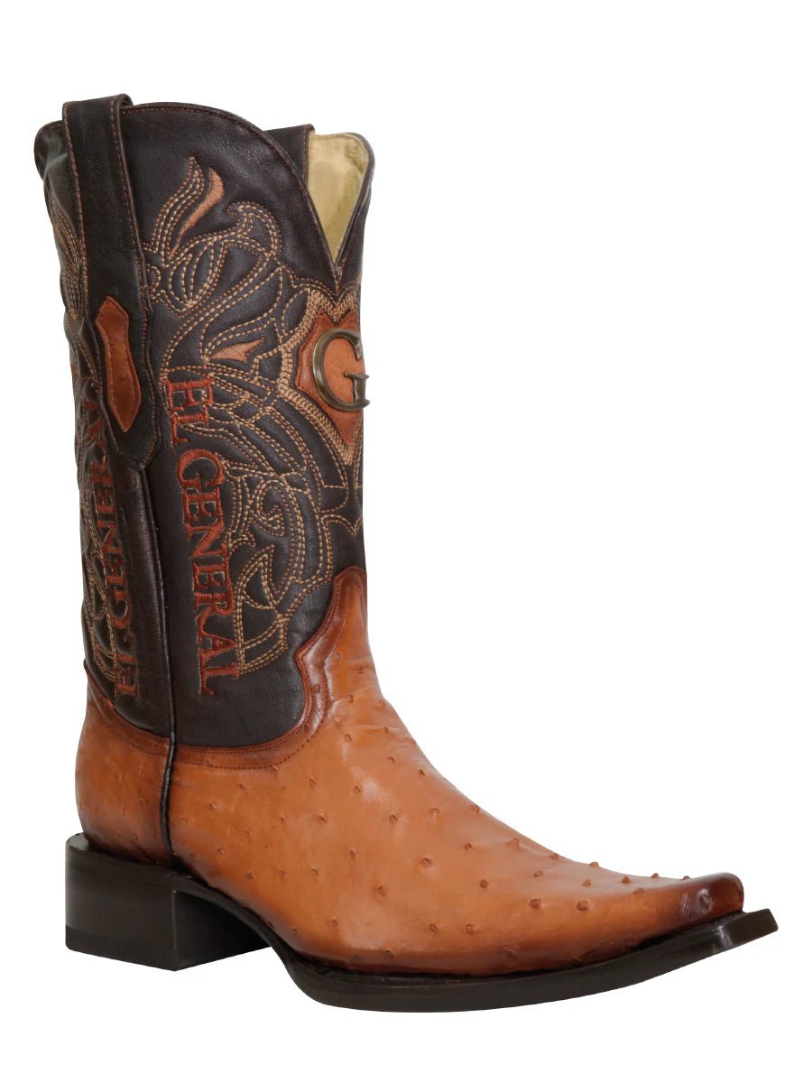 El General Men's Exotic Ostrich Leather Cowboy Boots–Cognac 45077 - OriginalWestern.com