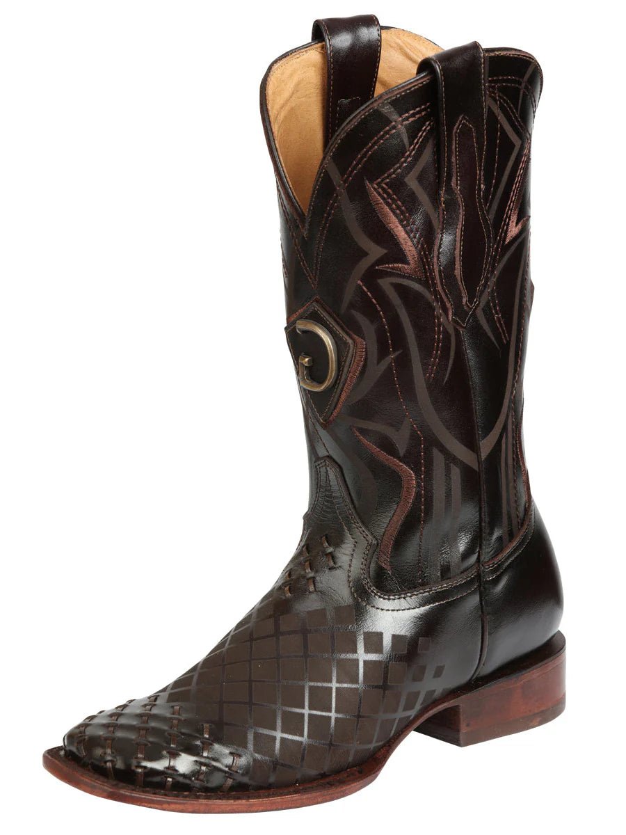 El General Men's Full Grain Leather Square Toe Cowboy Boot–Laser Engraved Brown 45173 - OriginalWestern.com