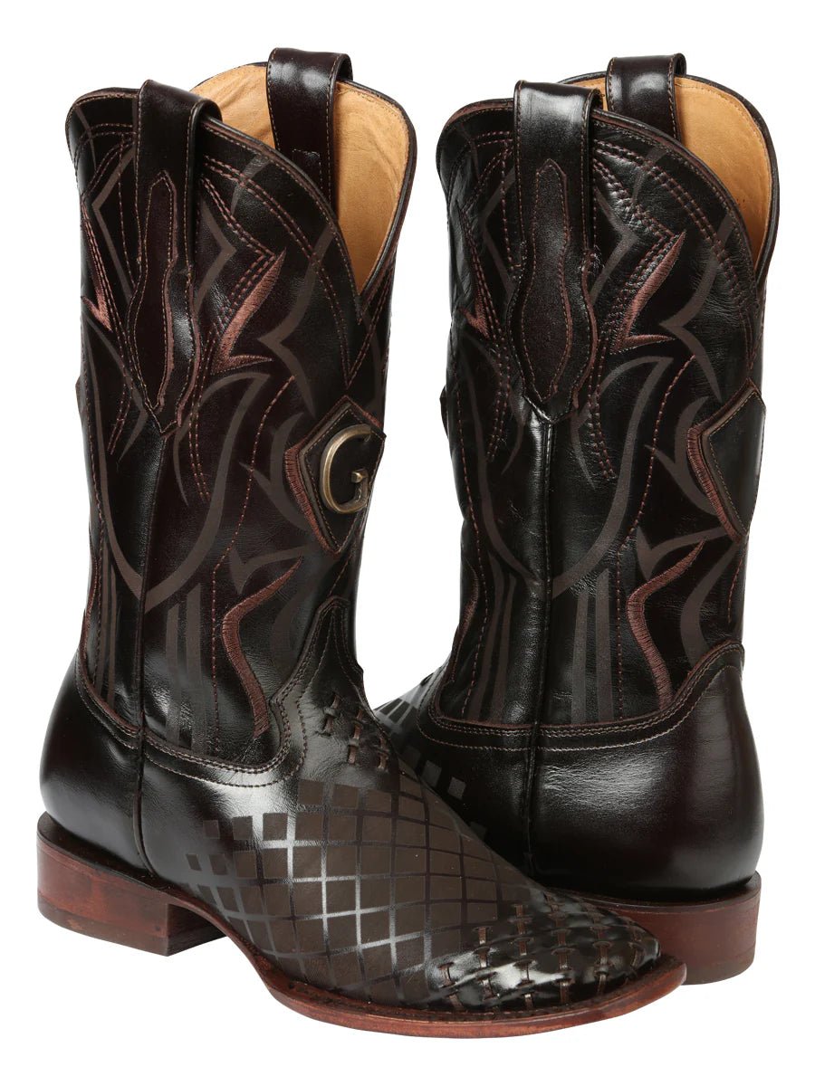 El General Men's Full Grain Leather Square Toe Cowboy Boot–Laser Engraved Brown 45173 - OriginalWestern.com