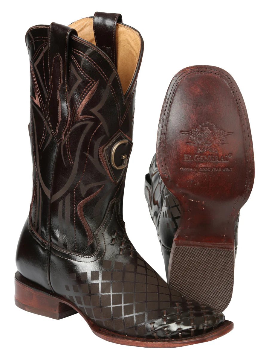 El General Men's Full Grain Leather Square Toe Cowboy Boot–Laser Engraved Brown 45173 - OriginalWestern.com