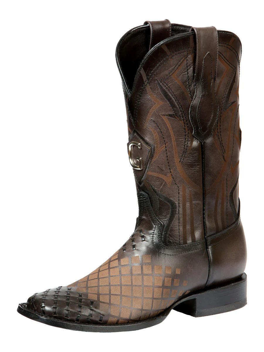 El General Men's Full Grain Leather Square Toe Cowboy Boot–Laser Engraved Gray 45172 - OriginalWestern.com
