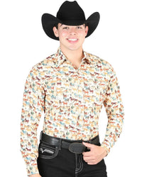 El General - Men's Khaki Western Shirt with Horse Print 44324 - OriginalWestern.com